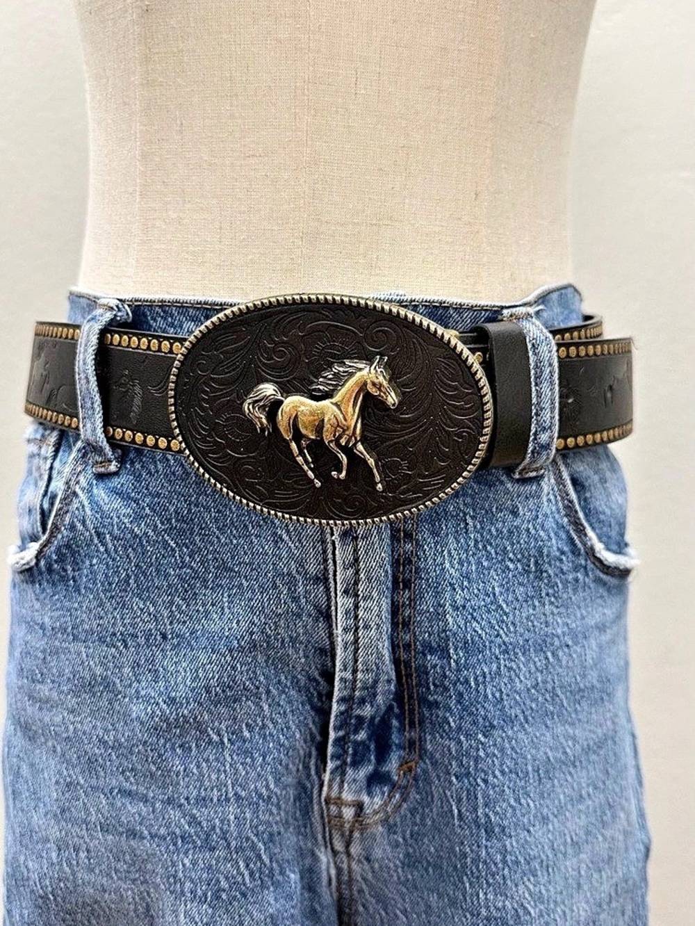 Western Horse Buckle Black Belt Gold Accent Removable Buckle Adjustable